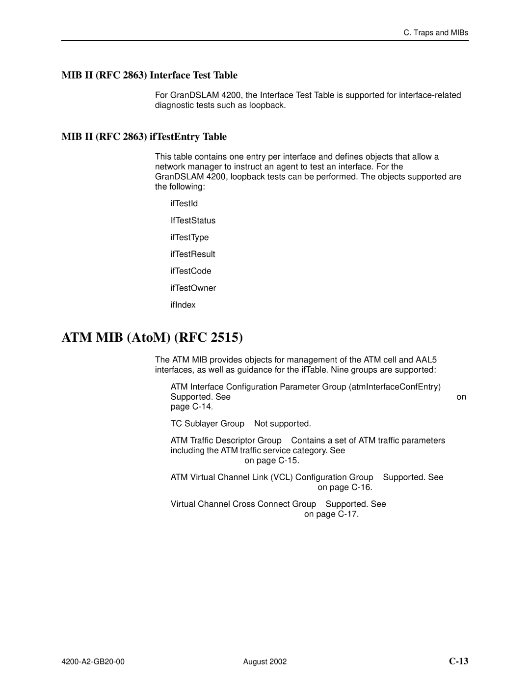 Paradyne 4200 manual ATM MIB AtoM RFC, MIB II RFC 2863 Interface Test Table, MIB II RFC 2863 if estEntry Table 