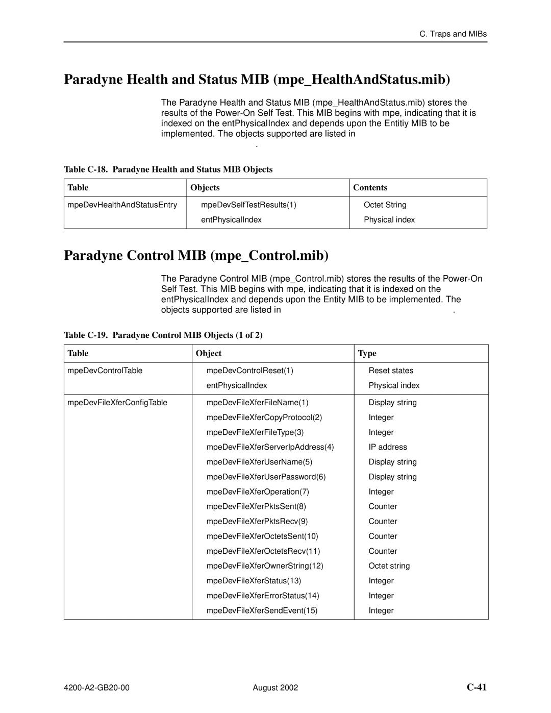 Paradyne 4200 manual Paradyne Health and Status MIB mpeHealthAndStatus.mib, Paradyne Control MIB mpeControl.mib 