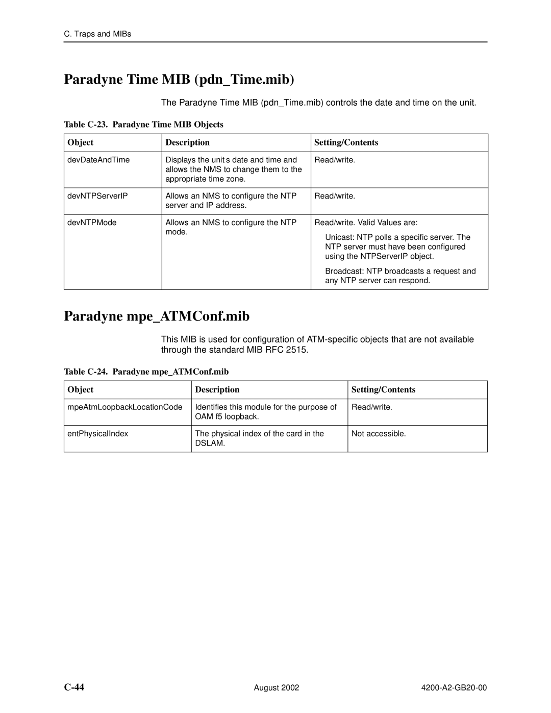 Paradyne 4200 manual Paradyne Time MIB pdnTime.mib, Paradyne mpeATMConf.mib 
