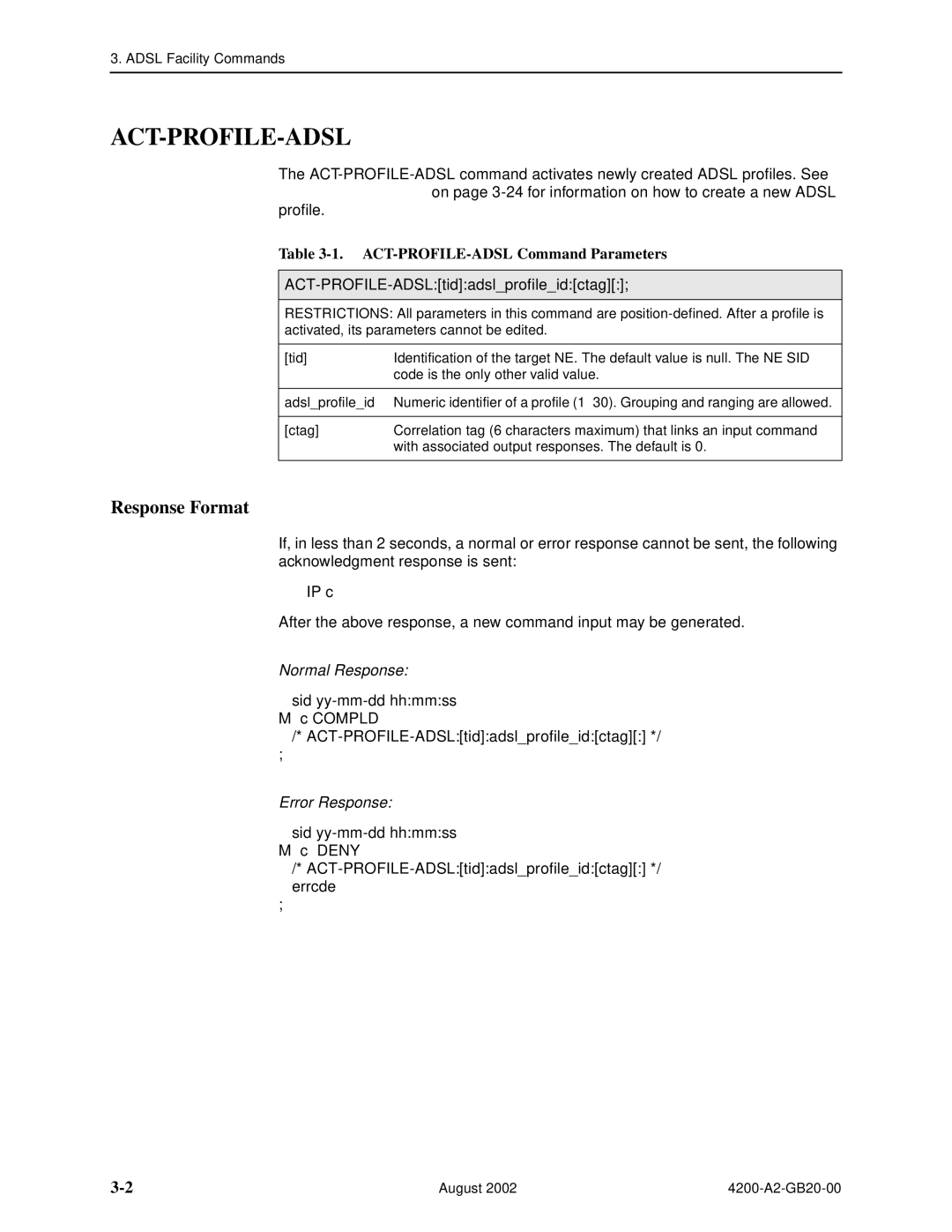 Paradyne 4200 Act-Profile-Adsl, Response Format, ACT-PROFILE-ADSL Command Parameters, ACT-PROFILE-ADSLtidadslprofileidctag 