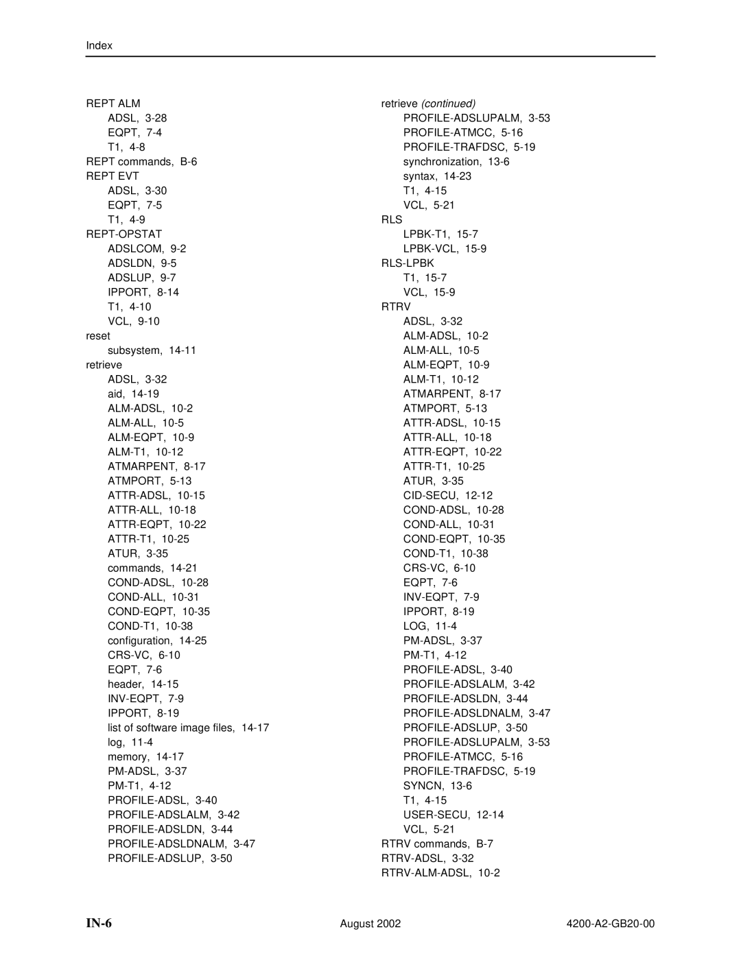 Paradyne 4200 manual IN-6, Retrieve 