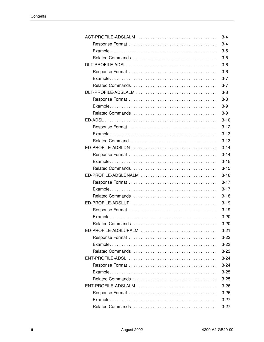 Paradyne 4200 manual ENT-PROFILE-ADSLALM Response Format Example Related Commands 