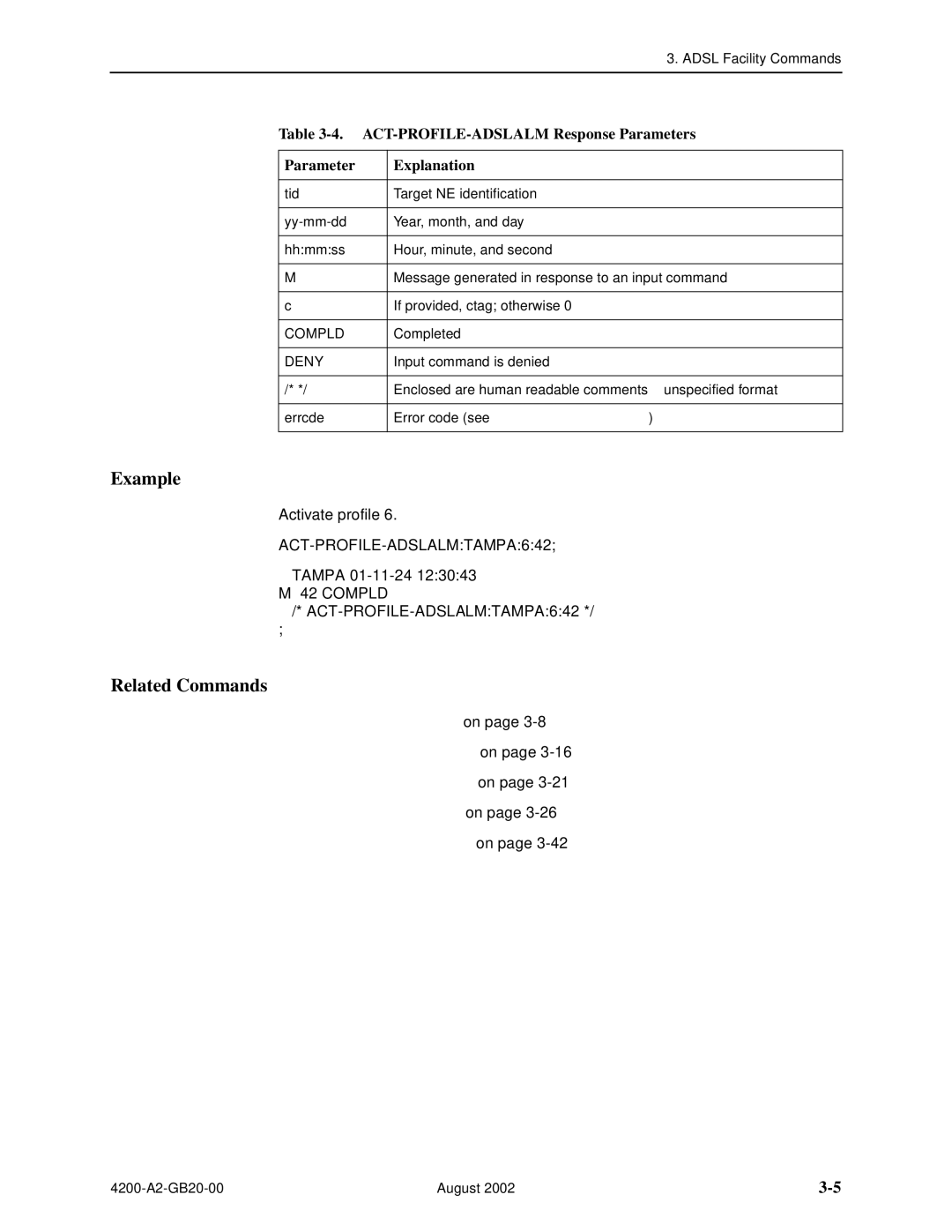 Paradyne 4200 manual ACT-PROFILE-ADSLALM Response Parameters Explanation 