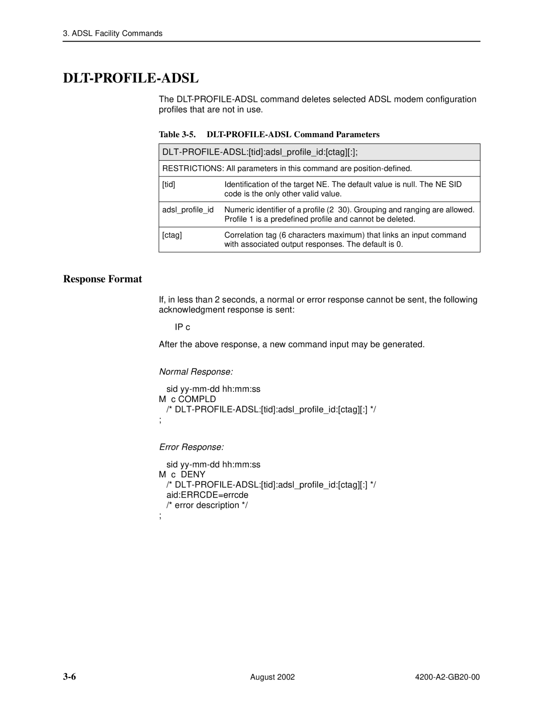 Paradyne 4200 manual Dlt-Profile-Adsl, DLT-PROFILE-ADSL Command Parameters, DLT-PROFILE-ADSLtidadslprofileidctag 