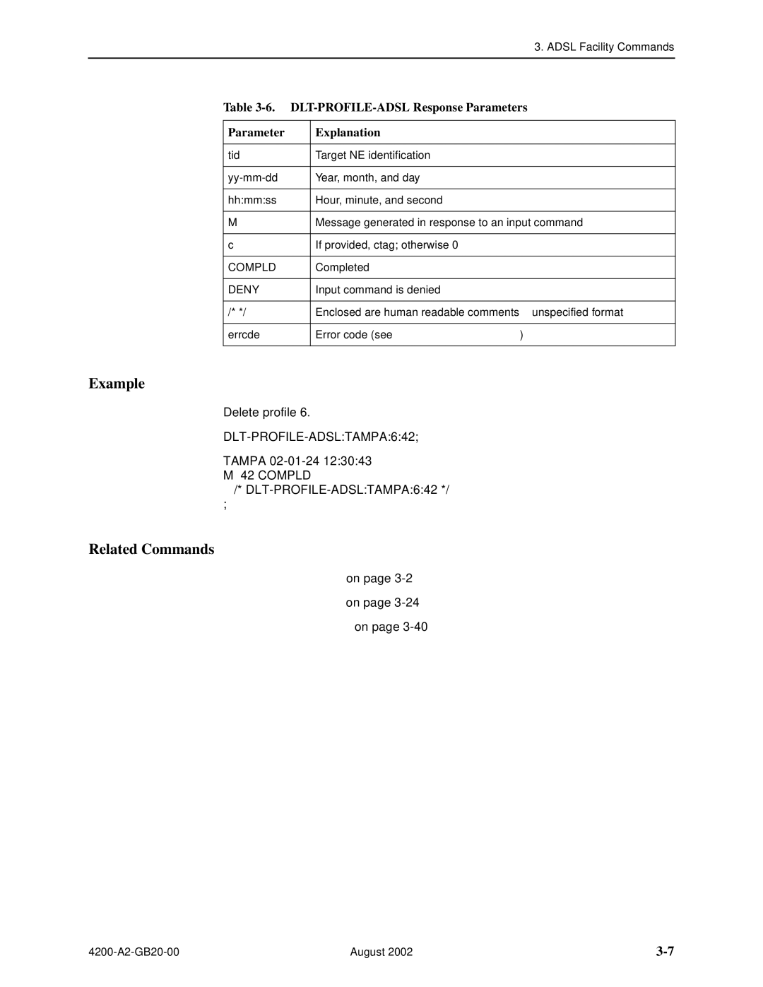 Paradyne 4200 manual DLT-PROFILE-ADSL Response Parameters, Parameter Explanation, Tampa 02-01-24 