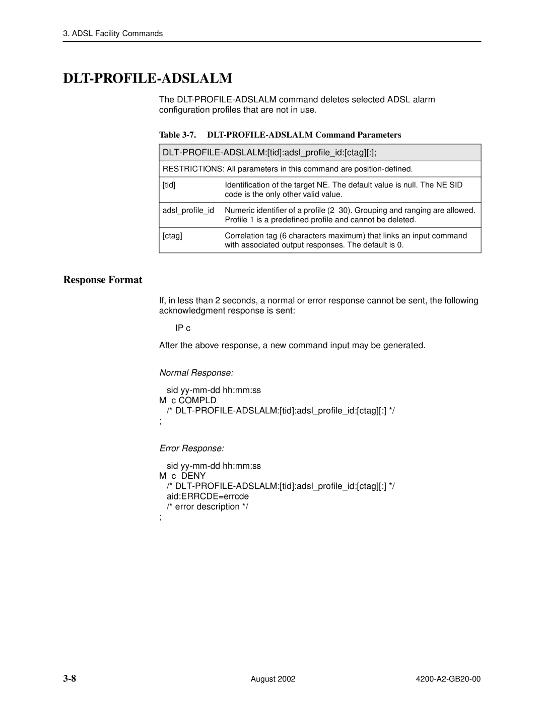 Paradyne 4200 manual Dlt-Profile-Adslalm, DLT-PROFILE-ADSLALM Command Parameters, DLT-PROFILE-ADSLALMtidadslprofileidctag 