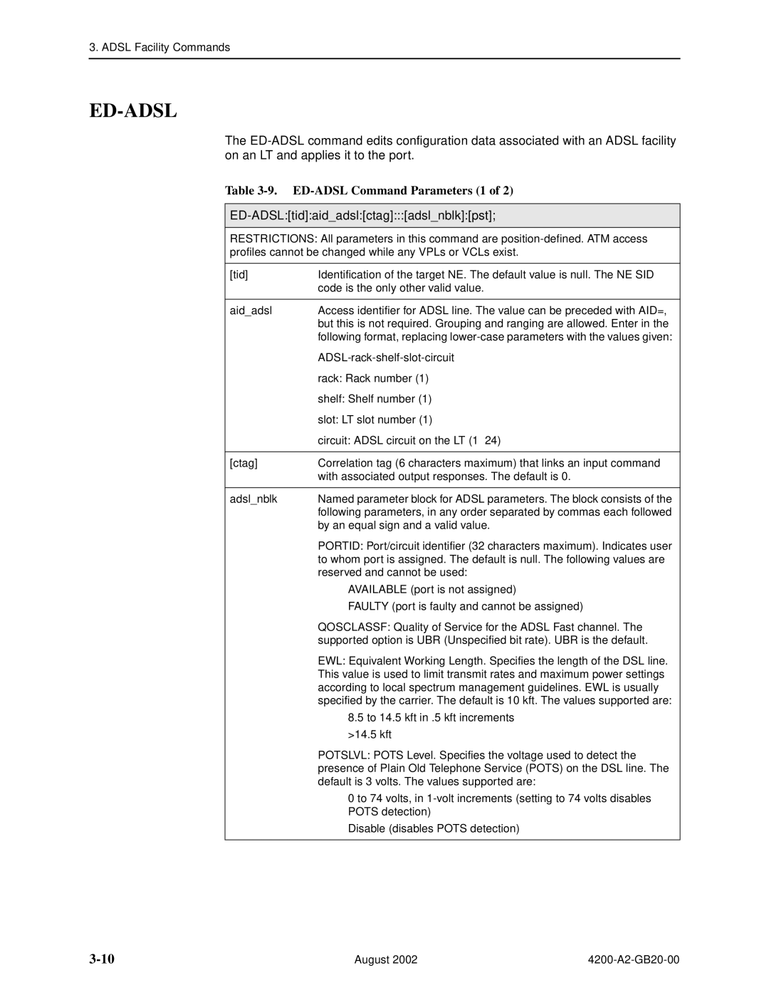 Paradyne 4200 manual Ed-Adsl, ED-ADSL Command Parameters 1, ED-ADSLtidaidadslctagadslnblkpst 