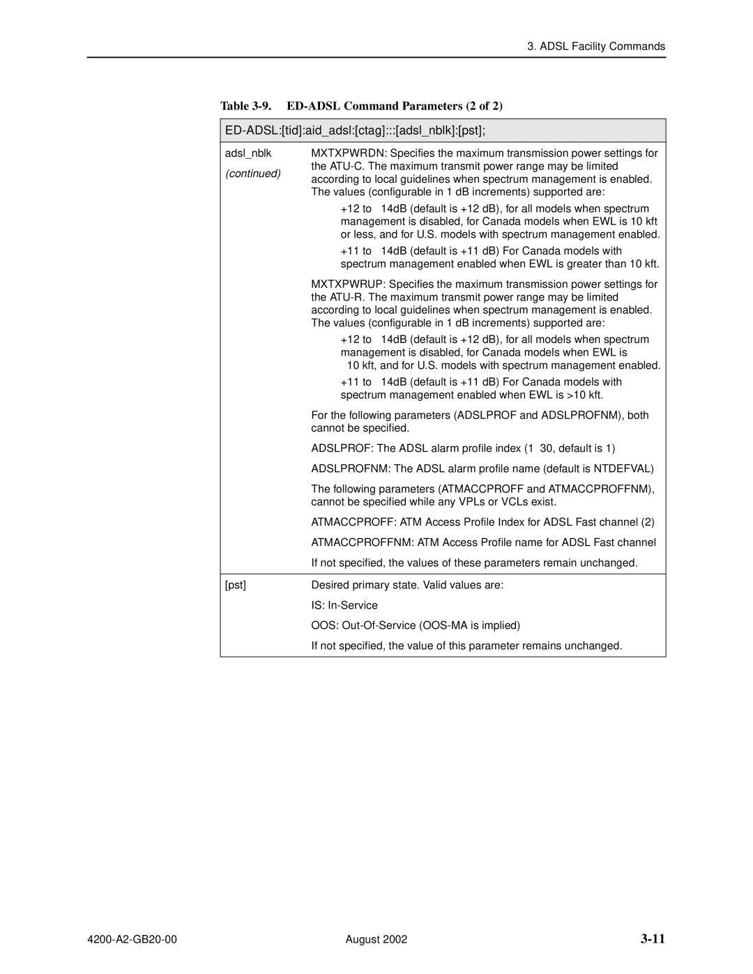 Paradyne 4200 manual ED-ADSL Command Parameters 2, Values configurable in 1 dB increments supported are 