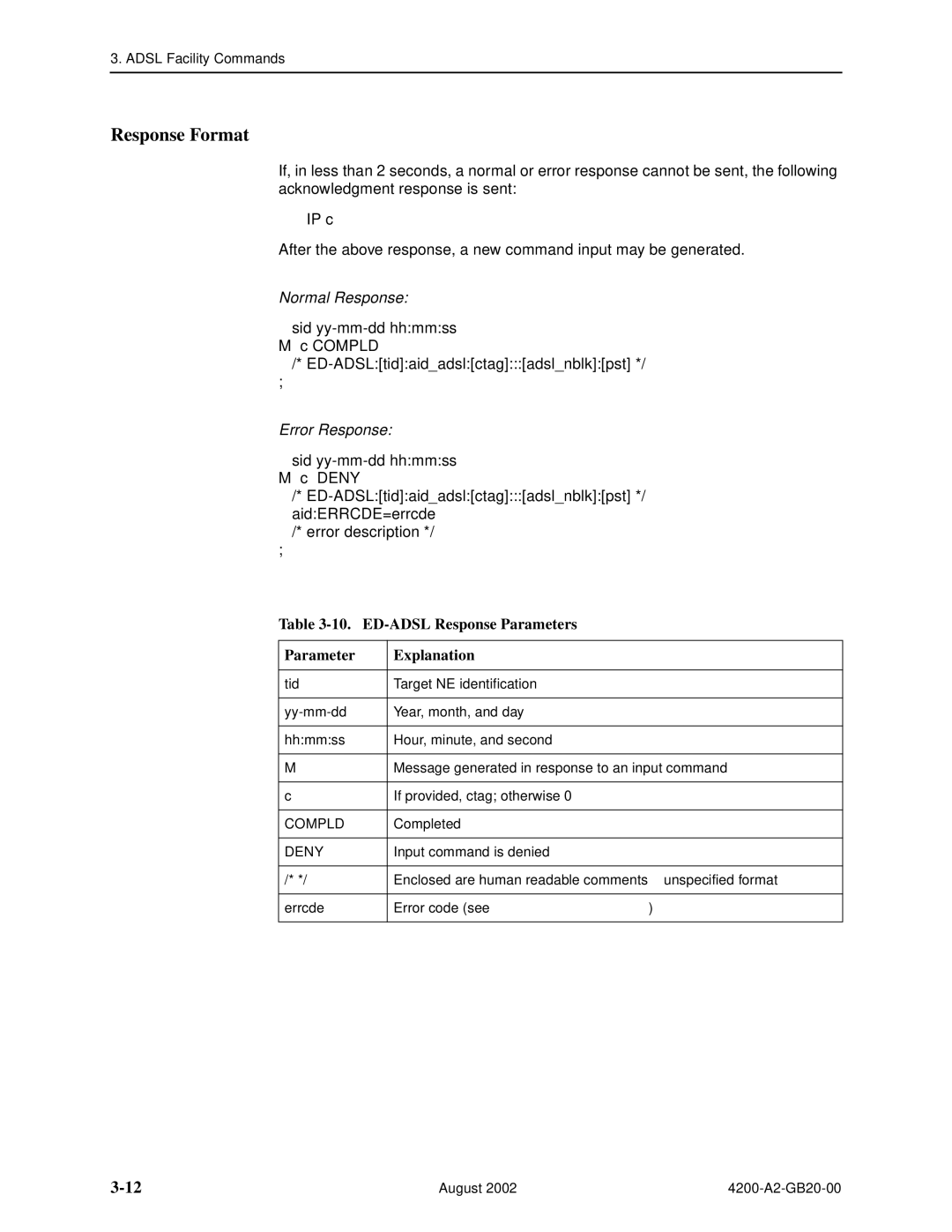 Paradyne 4200 manual Sid yy-mm-dd hhmmss Compld ED-ADSLtidaidadslctagadslnblkpst, ED-ADSL Response Parameters Explanation 