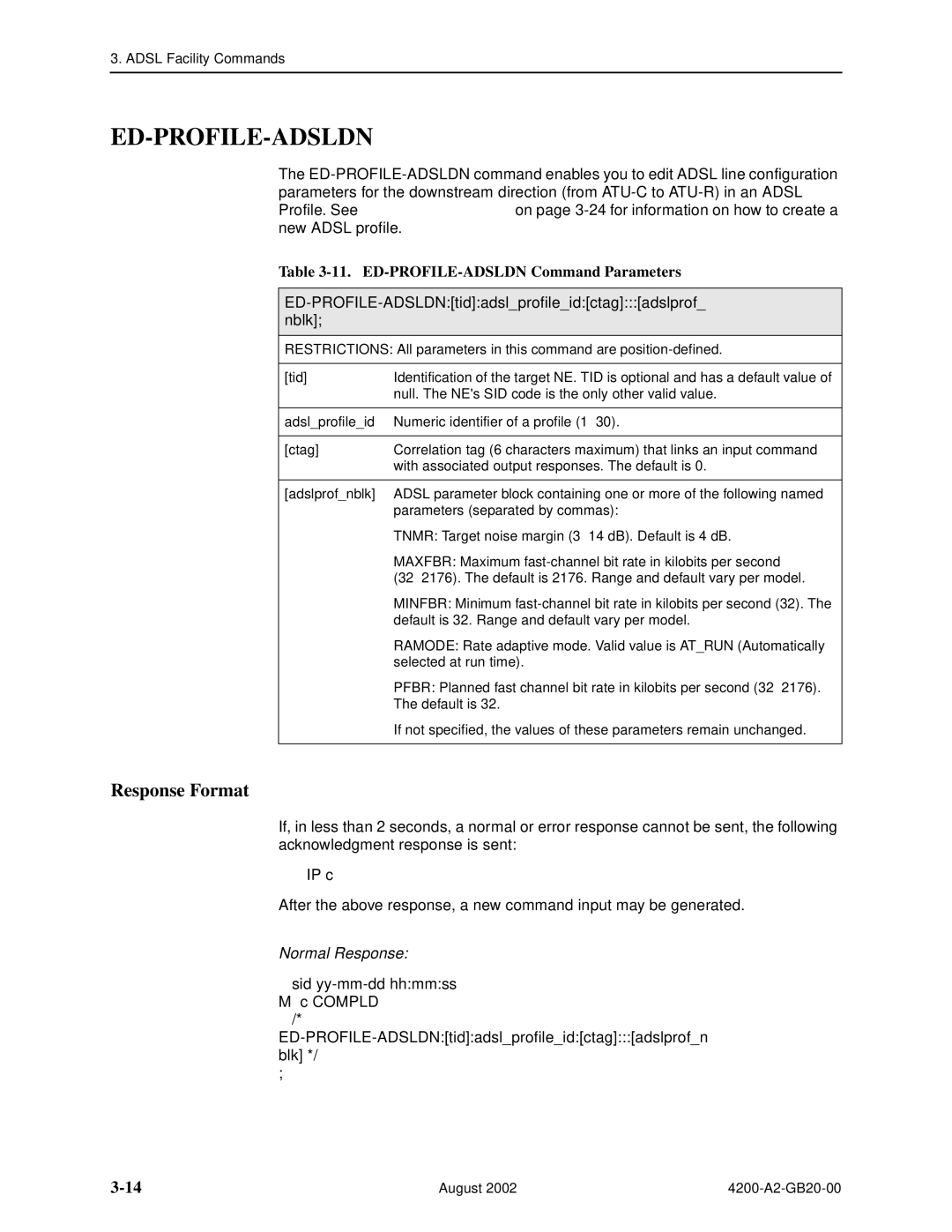 Paradyne 4200 Ed-Profile-Adsldn, ED-PROFILE-ADSLDN Command Parameters, ED-PROFILE-ADSLDNtidadslprofileidctagadslprof nblk 