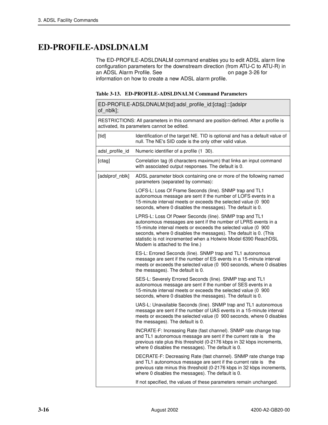 Paradyne 4200 manual Ed-Profile-Adsldnalm, ED-PROFILE-ADSLDNALM Command Parameters 