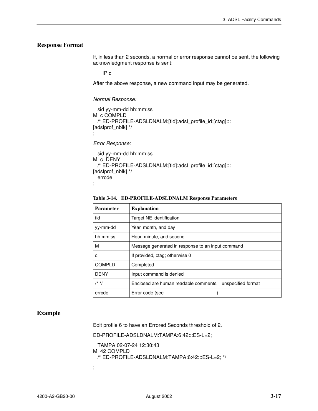 Paradyne 4200 manual Response Format, ED-PROFILE-ADSLDNALM Response Parameters Explanation 