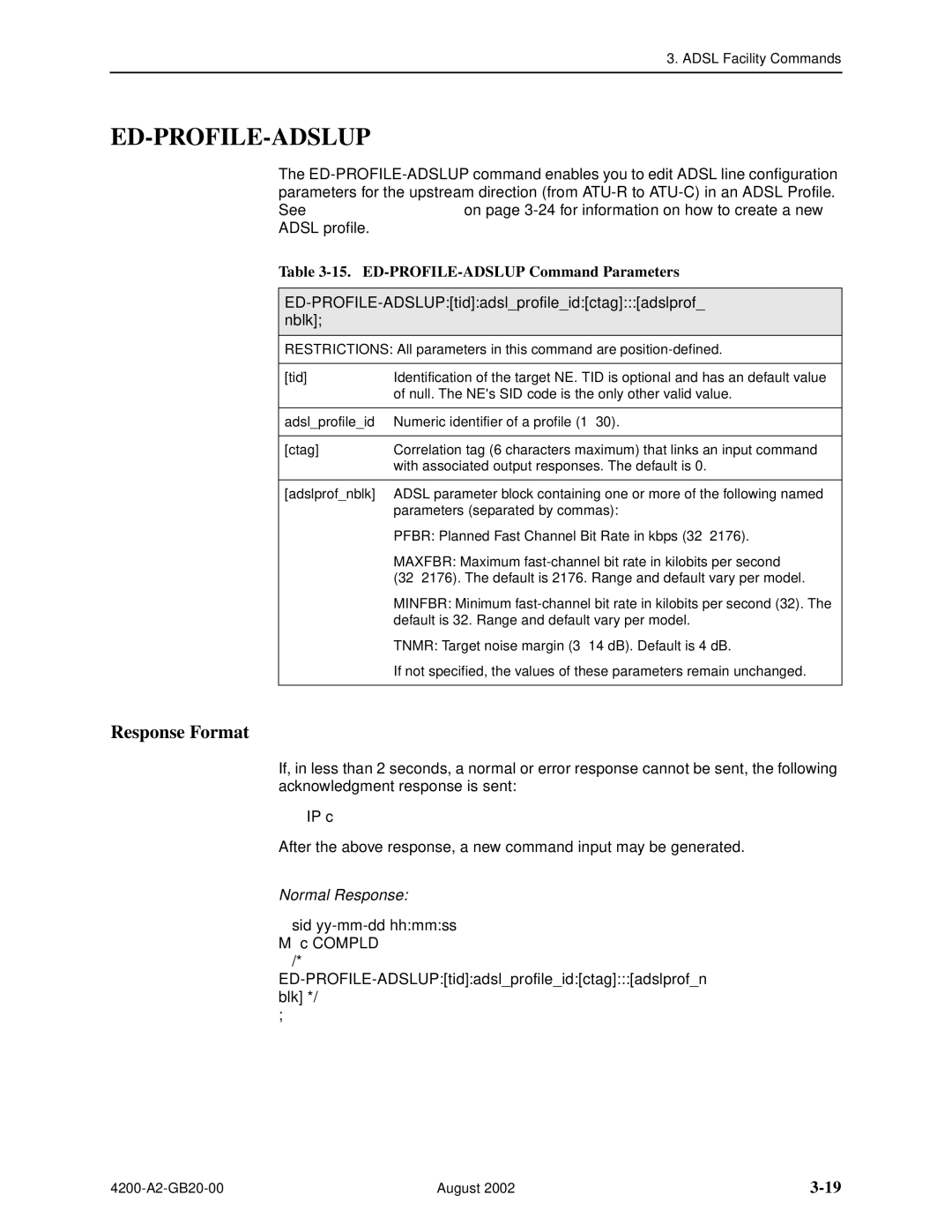 Paradyne 4200 Ed-Profile-Adslup, ED-PROFILE-ADSLUP Command Parameters, ED-PROFILE-ADSLUPtidadslprofileidctagadslprof nblk 