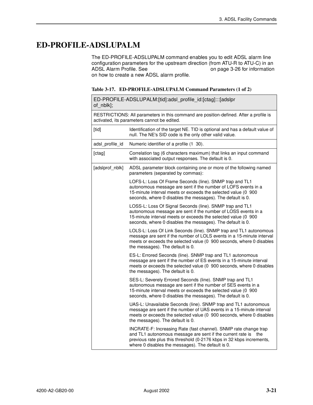 Paradyne 4200 manual Ed-Profile-Adslupalm, ED-PROFILE-ADSLUPALM Command Parameters 1 