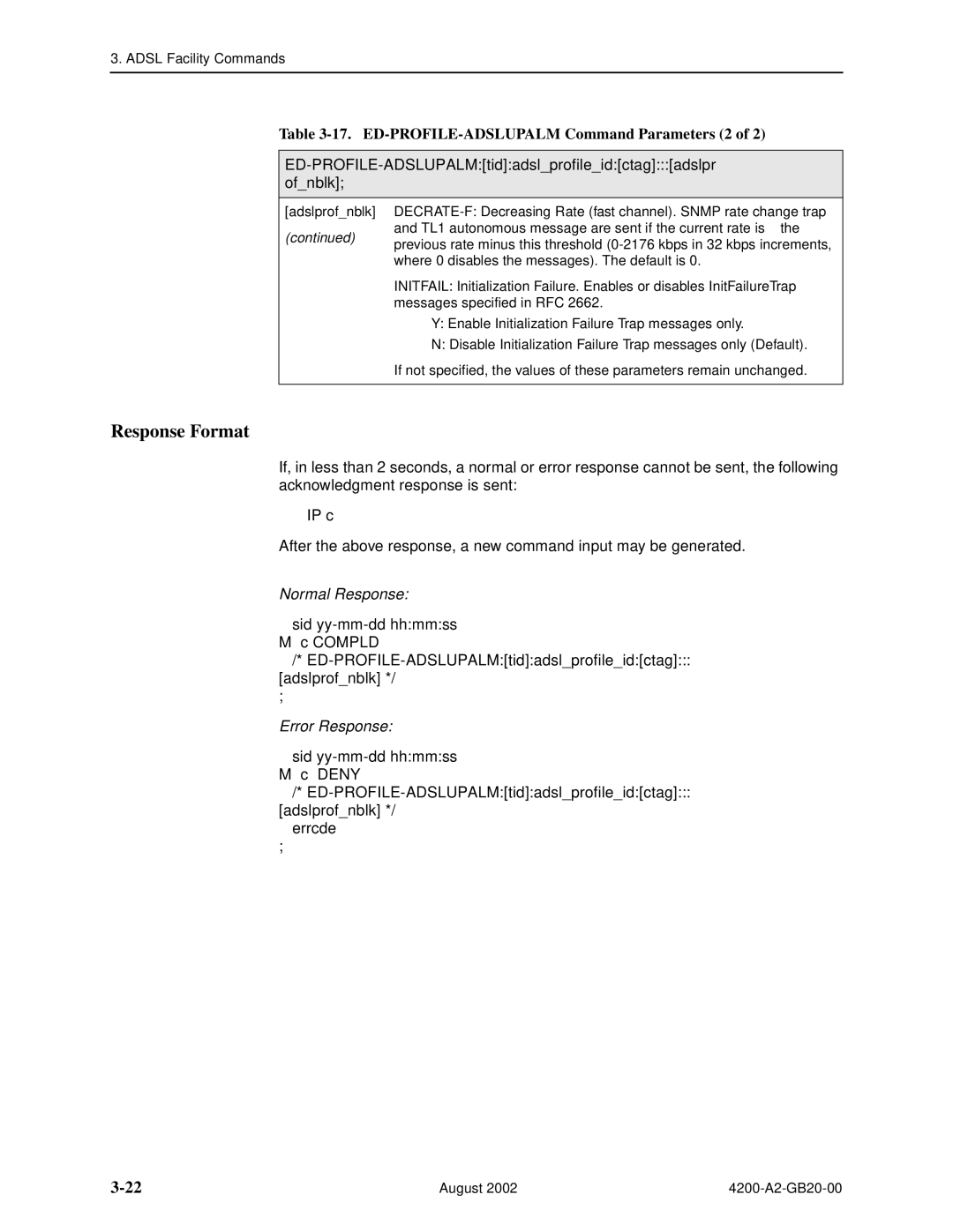 Paradyne 4200 manual Response Format, ED-PROFILE-ADSLUPALM Command Parameters 2 