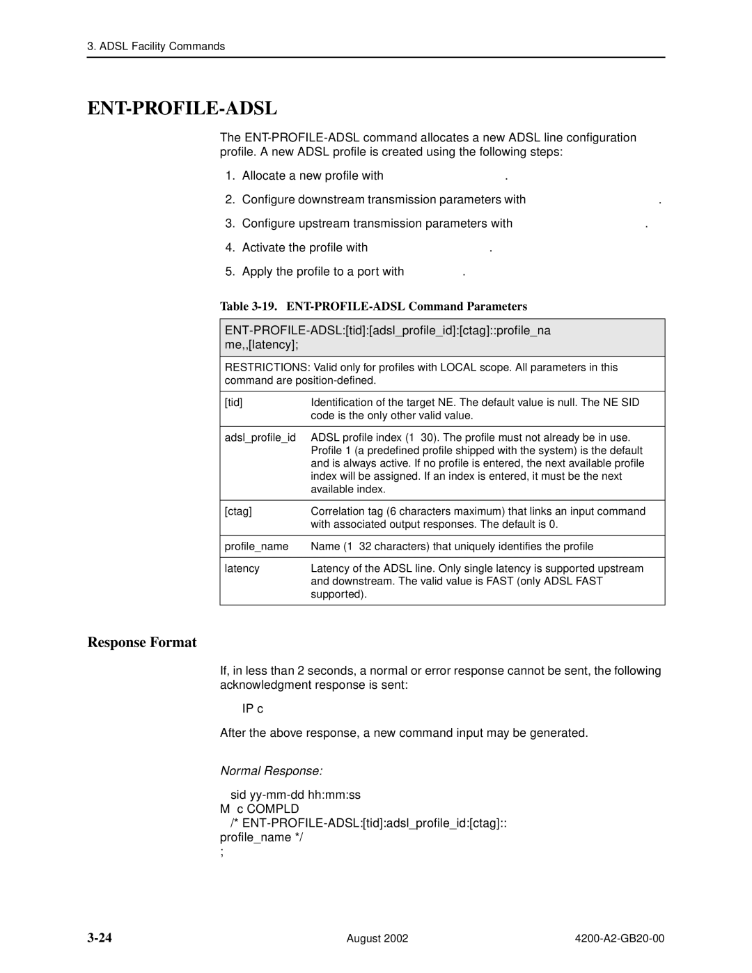 Paradyne 4200 manual Ent-Profile-Adsl, ENT-PROFILE-ADSL Command Parameters 