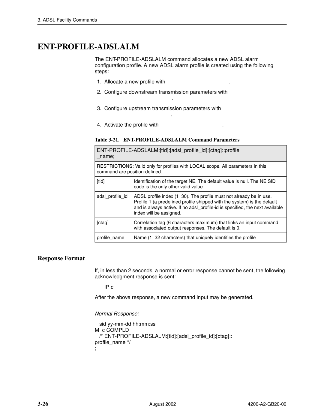 Paradyne 4200 manual Ent-Profile-Adslalm, ENT-PROFILE-ADSLALM Command Parameters 