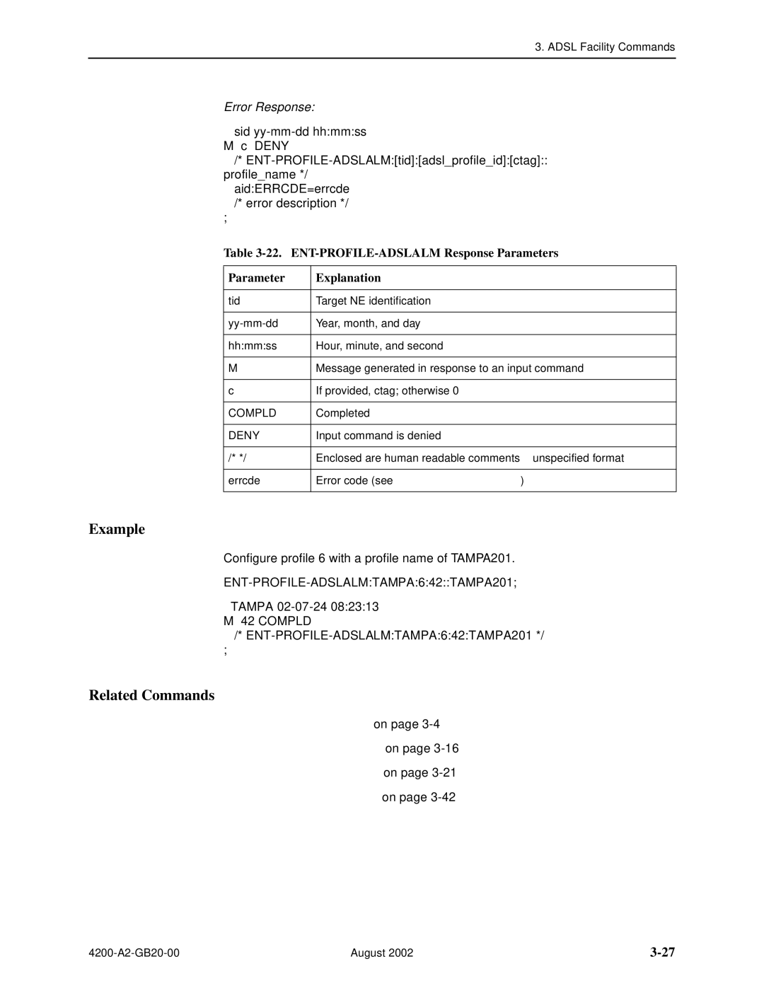 Paradyne 4200 manual ENT-PROFILE-ADSLALM Response Parameters Explanation 