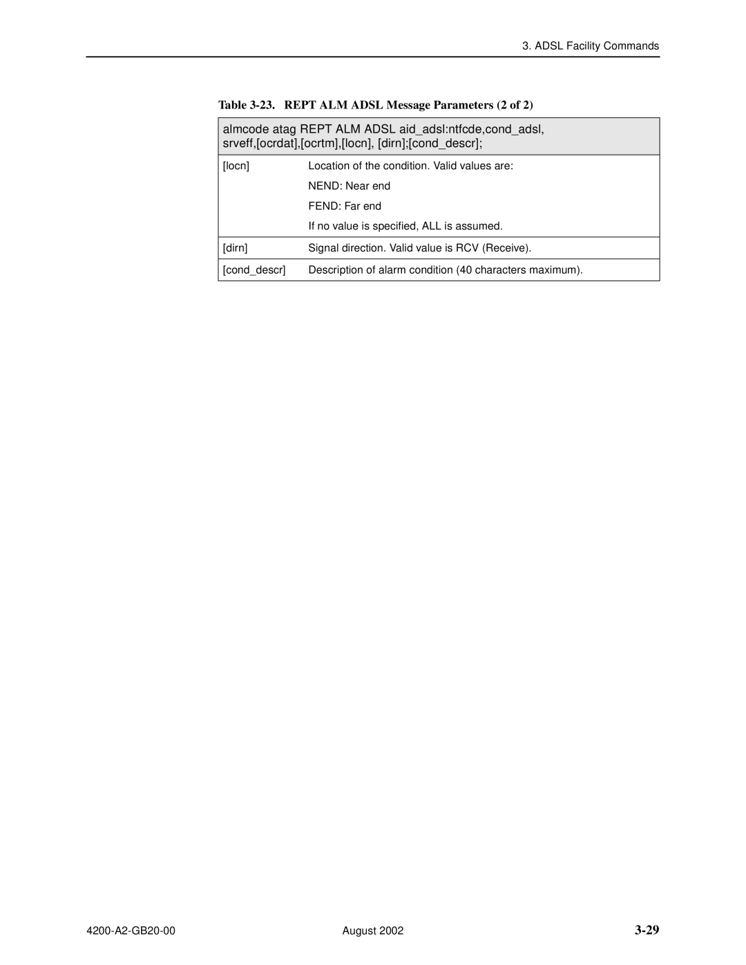 Paradyne 4200 manual Rept ALM Adsl Message Parameters 2 