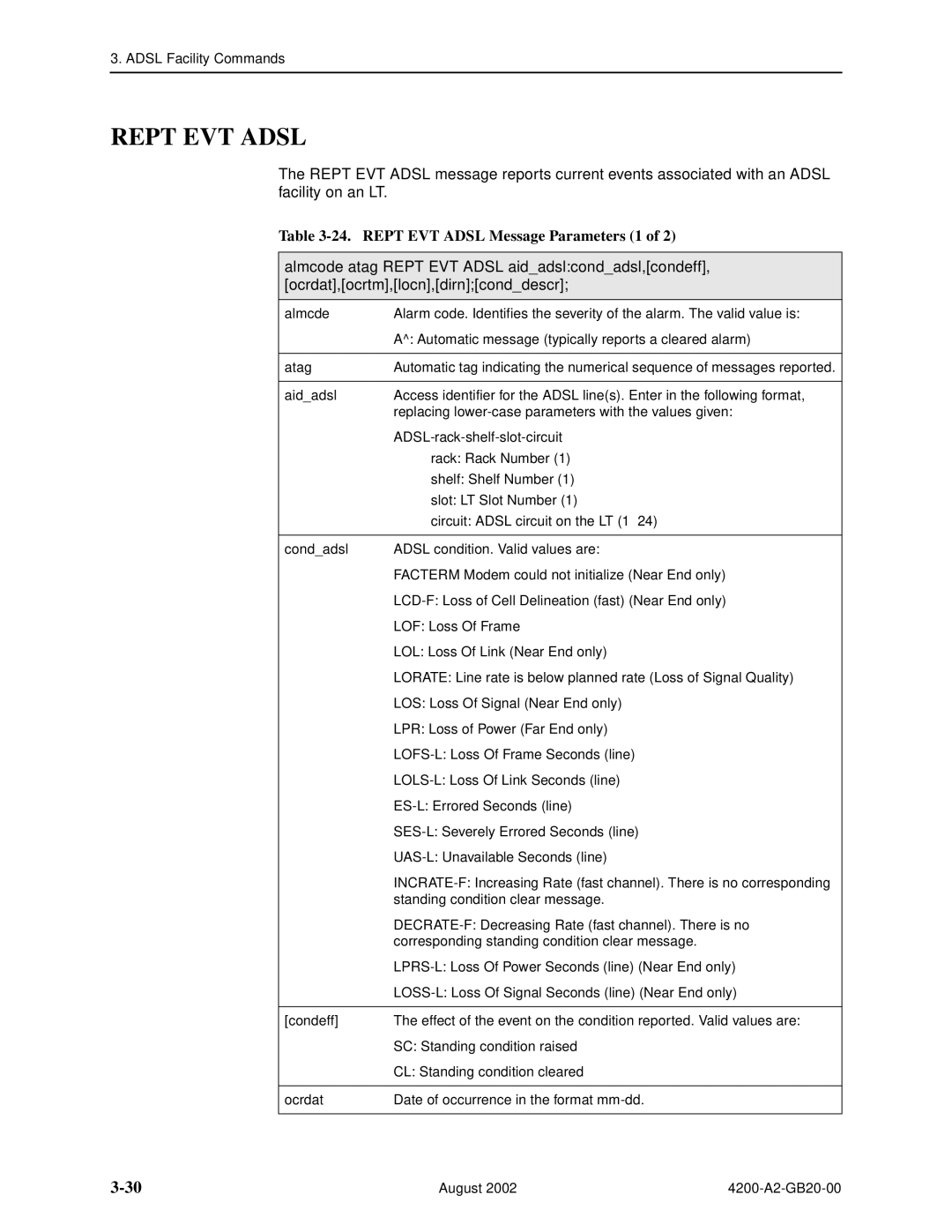 Paradyne 4200 manual Rept EVT Adsl Message Parameters 1 