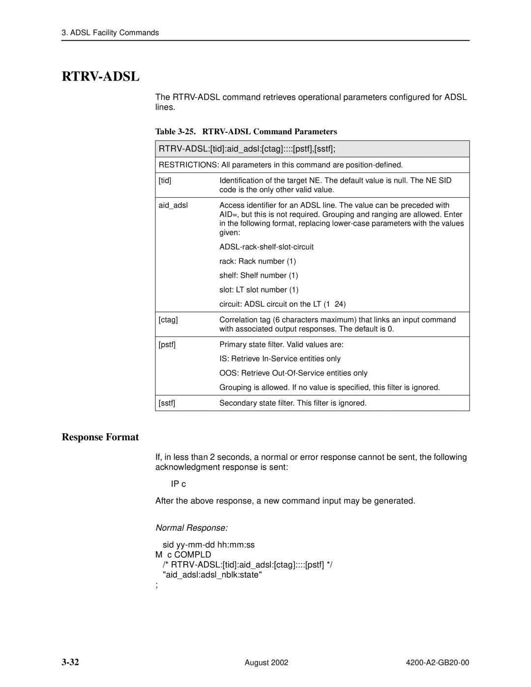 Paradyne 4200 manual Rtrv-Adsl, RTRV-ADSL Command Parameters, RTRV-ADSLtidaidadslctagpstf,sstf 