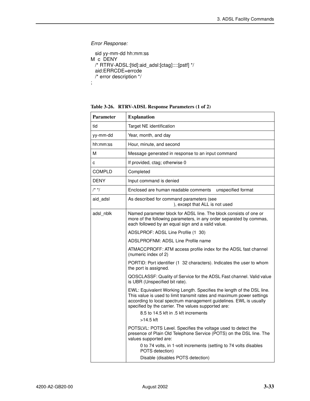 Paradyne 4200 manual RTRV-ADSL Response Parameters 1 Explanation 