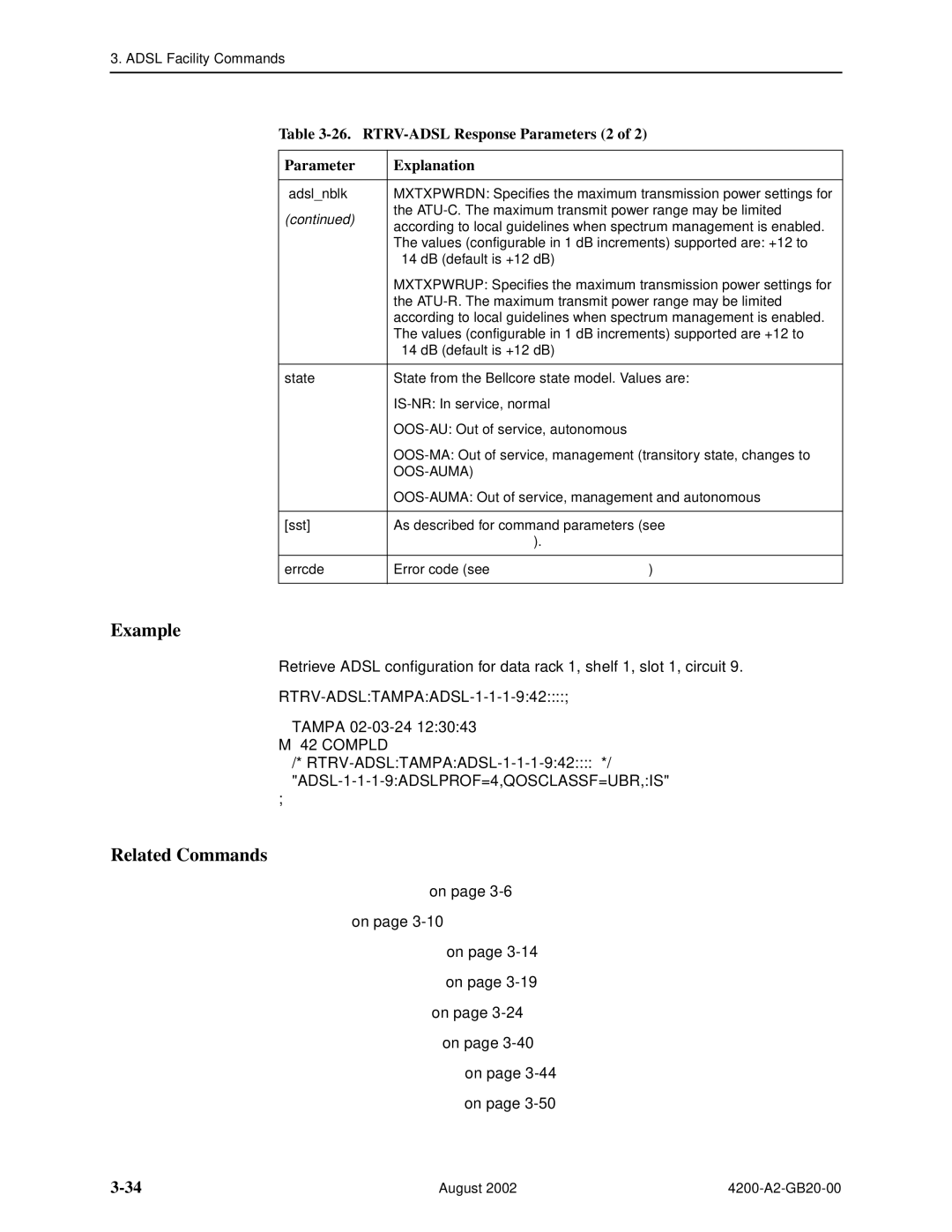 Paradyne 4200 RTRV-ADSL Response Parameters 2 Explanation, RTRV-ADSLTAMPAADSL-1-1-1-942 Tampa 02-03-24, Command Parameters 