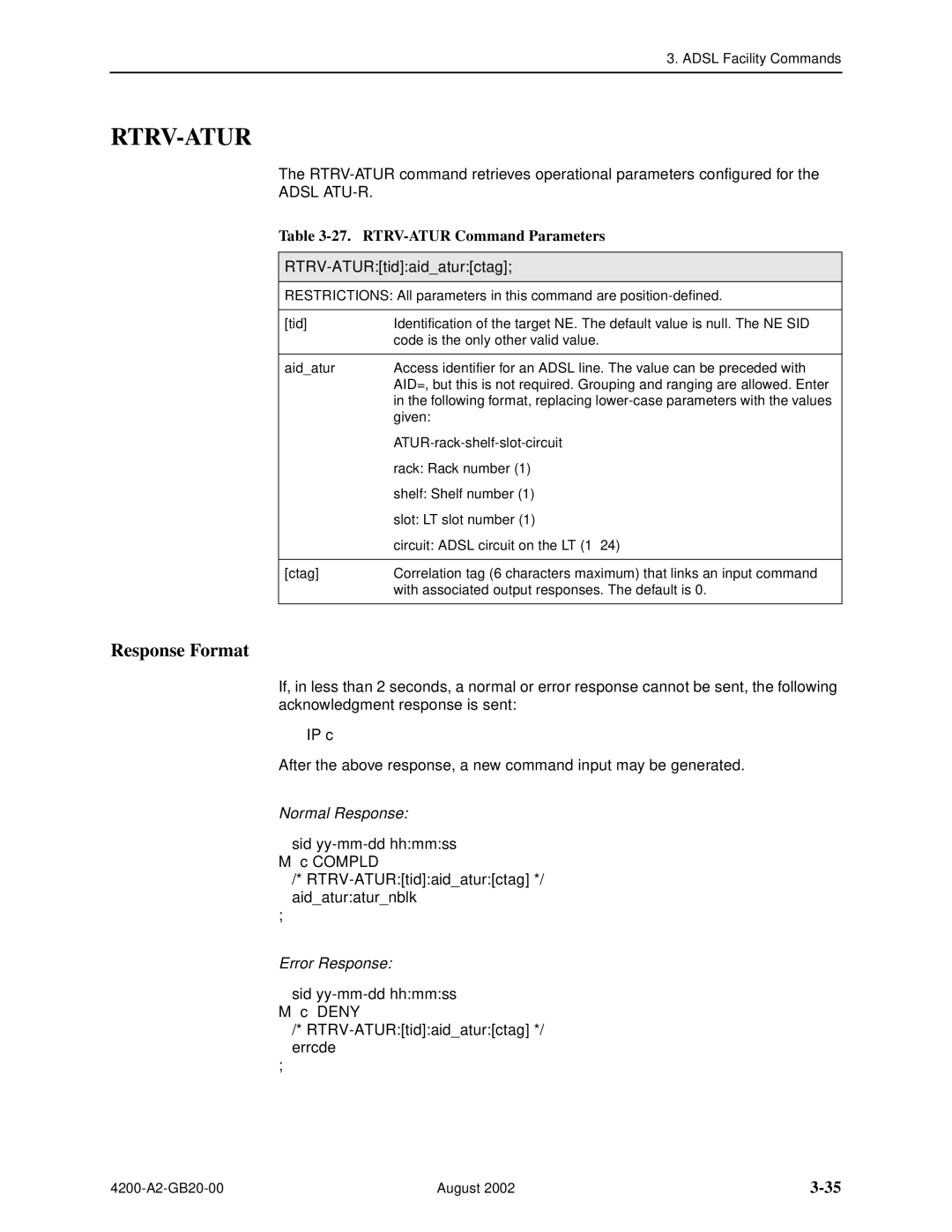 Paradyne 4200 manual Rtrv-Atur, RTRV-ATUR Command Parameters, RTRV-ATURtidaidaturctag 