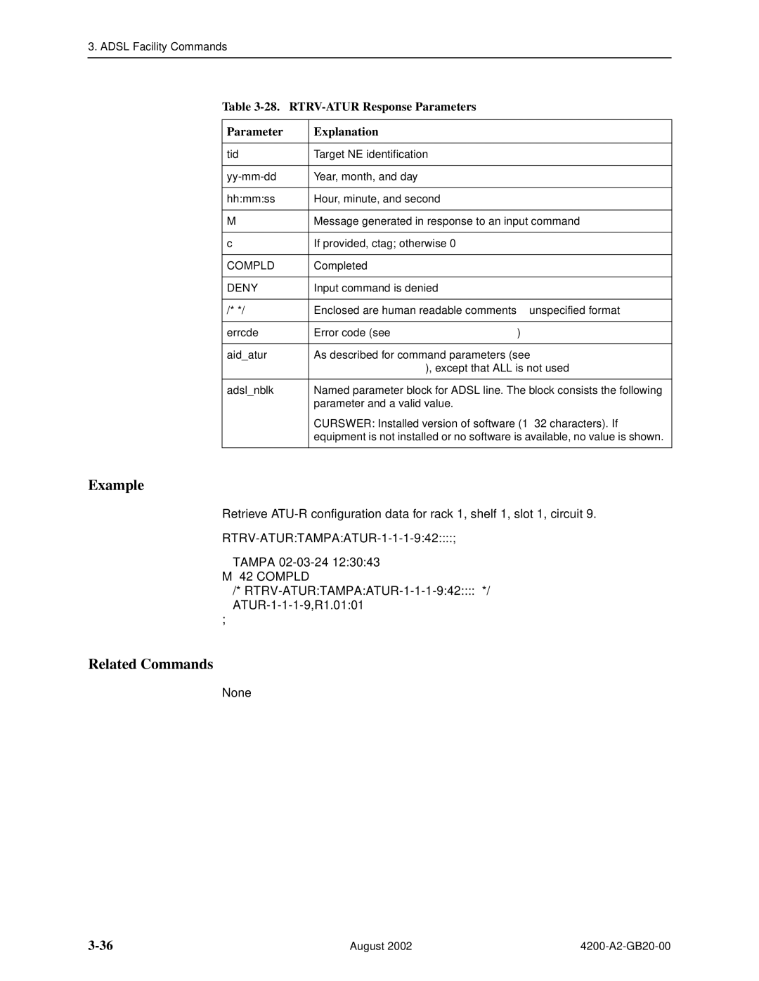 Paradyne 4200 manual RTRV-ATUR Response Parameters Explanation, RTRV-ATURTAMPAATUR-1-1-1-942 Tampa 02-03-24 