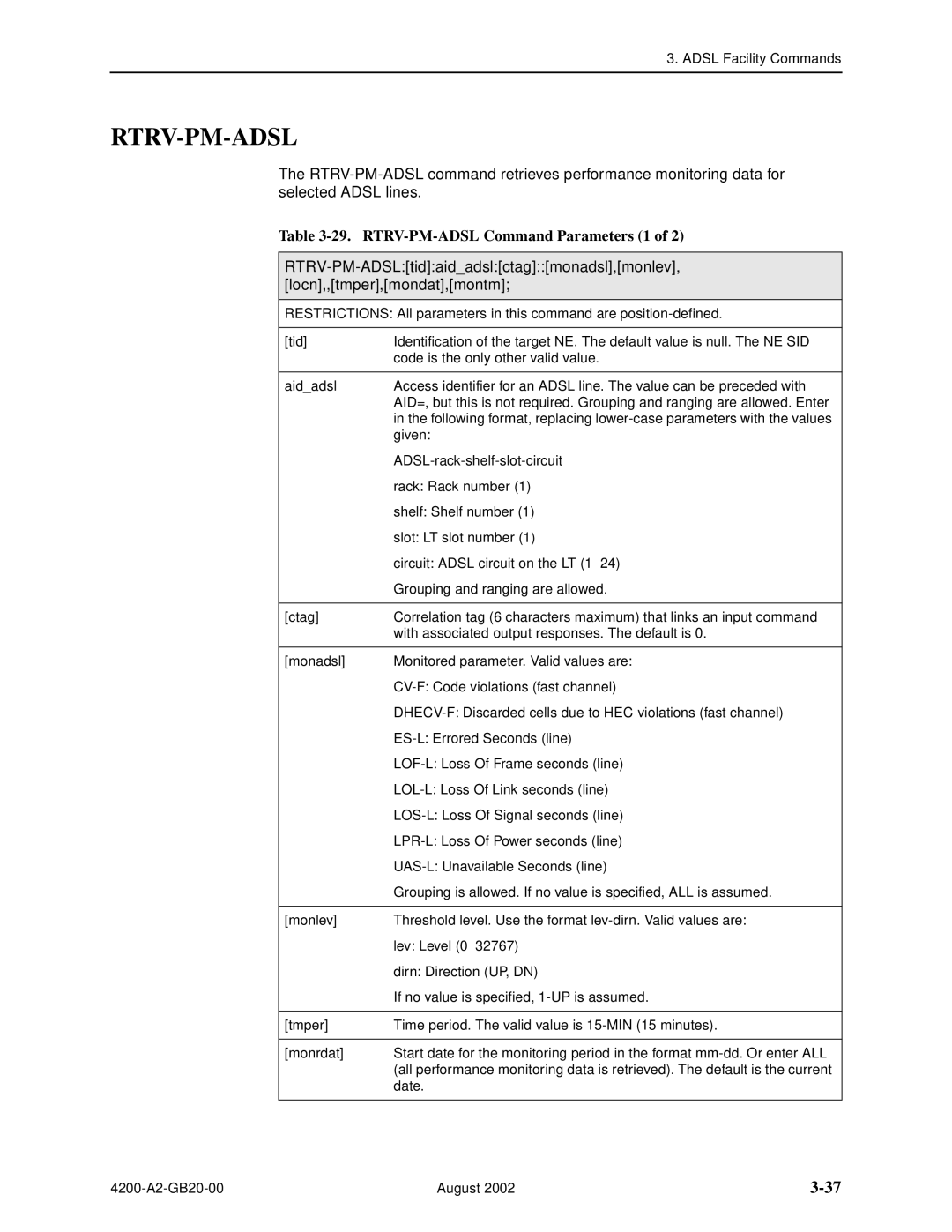 Paradyne 4200 manual Rtrv-Pm-Adsl, RTRV-PM-ADSL Command Parameters 1 