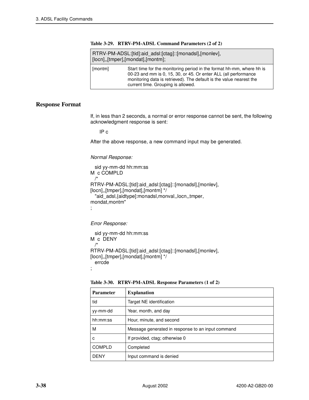 Paradyne 4200 manual RTRV-PM-ADSL Command Parameters 2, RTRV-PM-ADSL Response Parameters 1 Explanation 