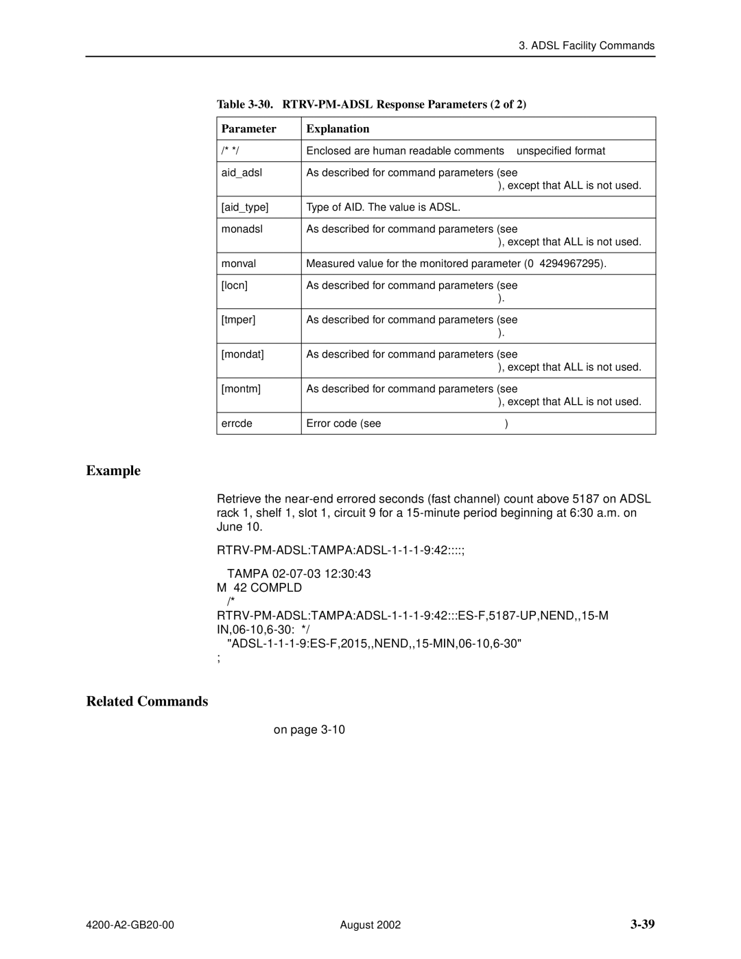 Paradyne 4200 manual RTRV-PM-ADSL Response Parameters 2 Explanation, RTRV-PM-ADSL Command Parameters 