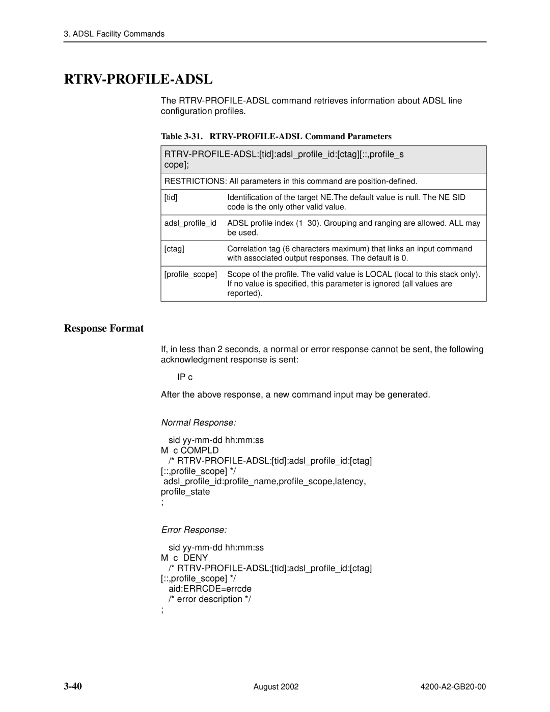 Paradyne 4200 Rtrv-Profile-Adsl, RTRV-PROFILE-ADSL Command Parameters, RTRV-PROFILE-ADSLtidadslprofileidctag,profiles cope 