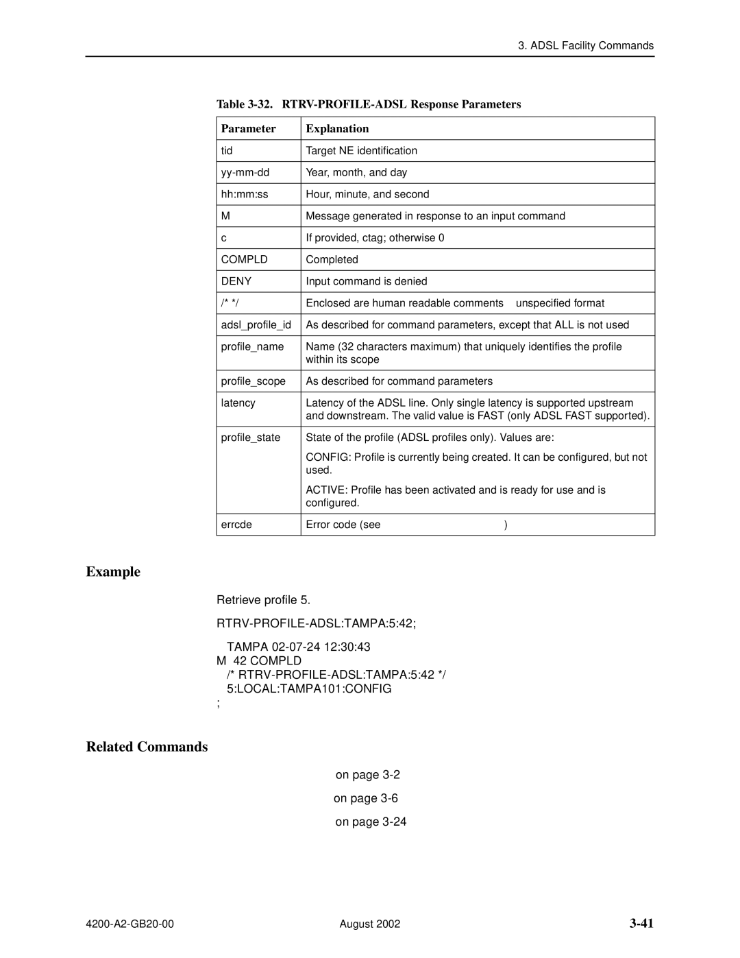 Paradyne 4200 manual RTRV-PROFILE-ADSL Response Parameters Explanation, Tampa 02-07-24 