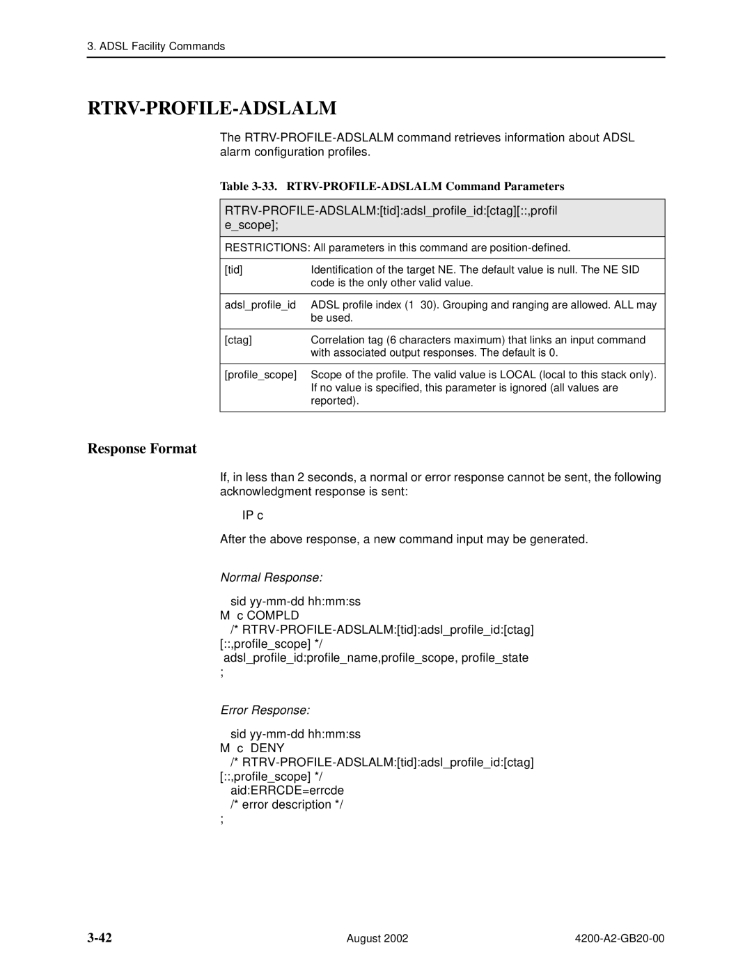 Paradyne 4200 manual Rtrv-Profile-Adslalm, RTRV-PROFILE-ADSLALM Command Parameters 