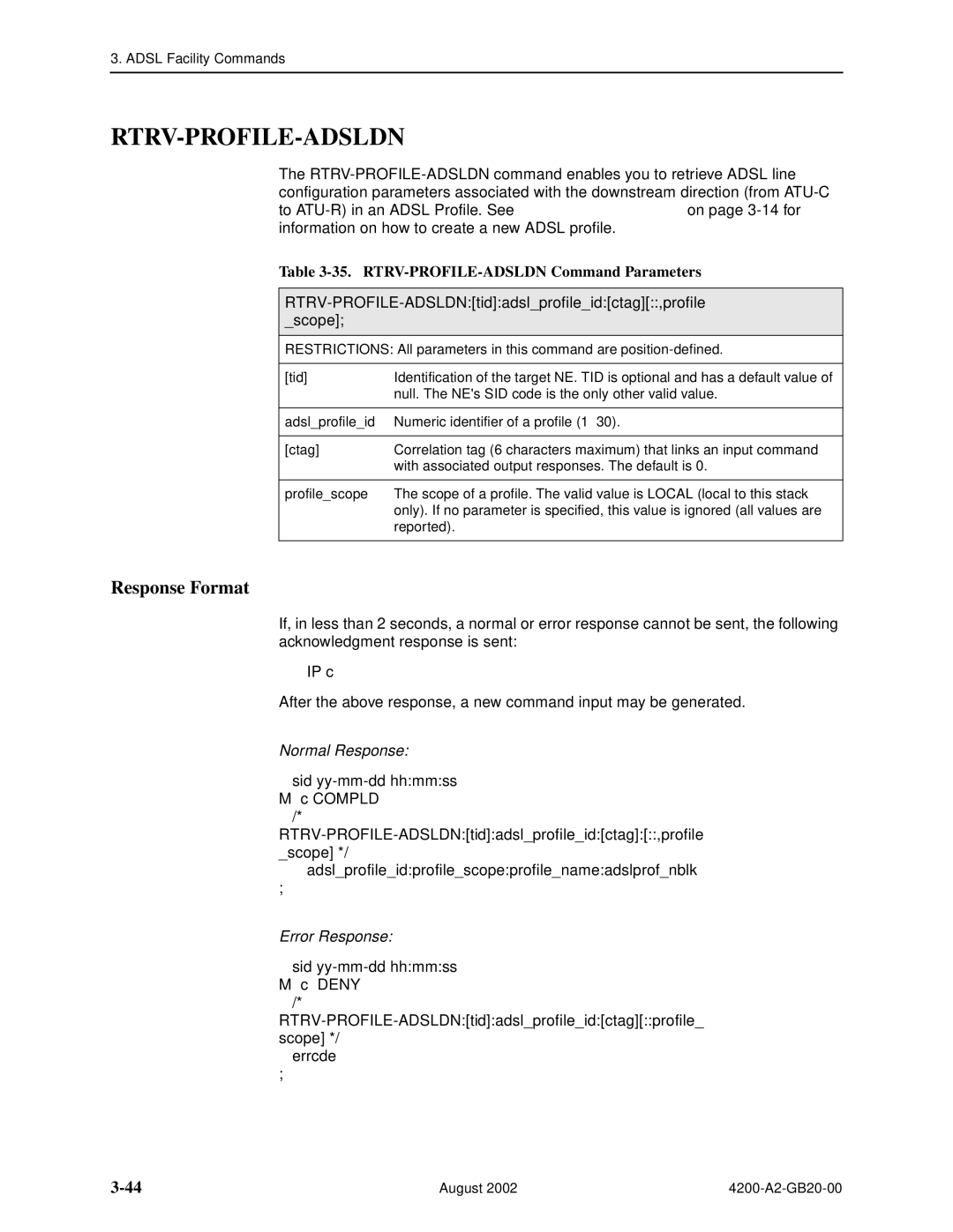 Paradyne 4200 manual Rtrv-Profile-Adsldn, RTRV-PROFILE-ADSLDN Command Parameters 