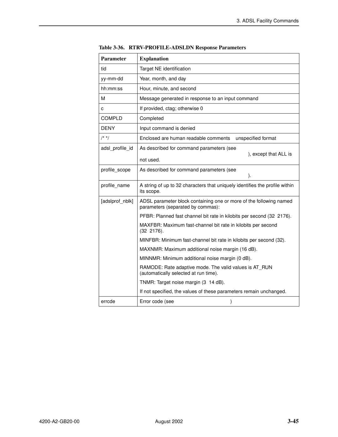 Paradyne 4200 manual RTRV-PROFILE-ADSLDN Response Parameters Explanation, RTRV-PROFILE-ADSLDN Command Parameters 