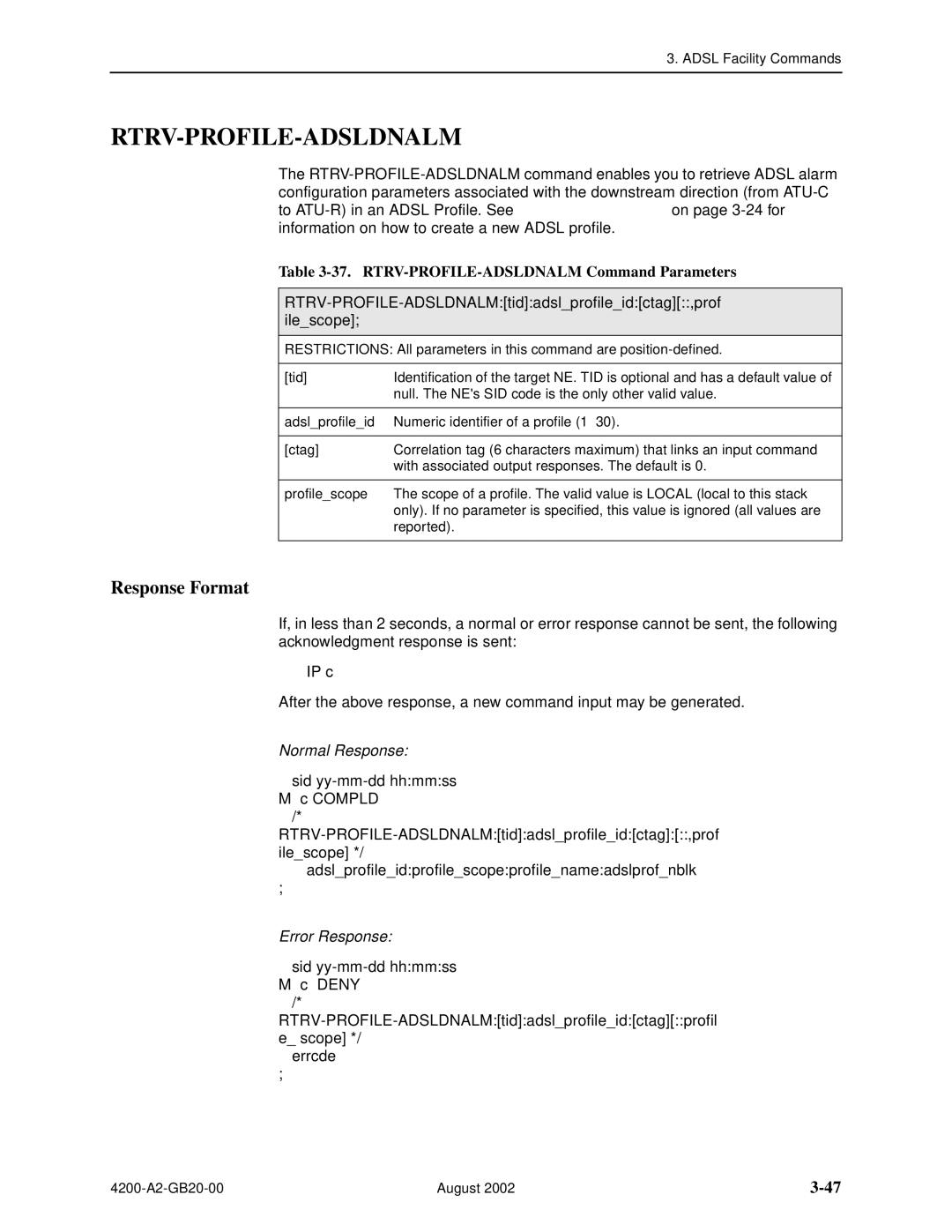 Paradyne 4200 manual Rtrv-Profile-Adsldnalm, RTRV-PROFILE-ADSLDNALM Command Parameters 