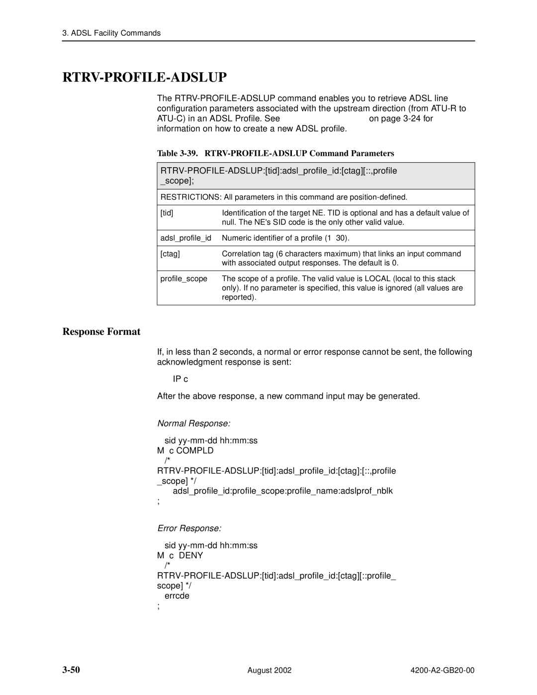 Paradyne 4200 manual Rtrv-Profile-Adslup, RTRV-PROFILE-ADSLUP Command Parameters 