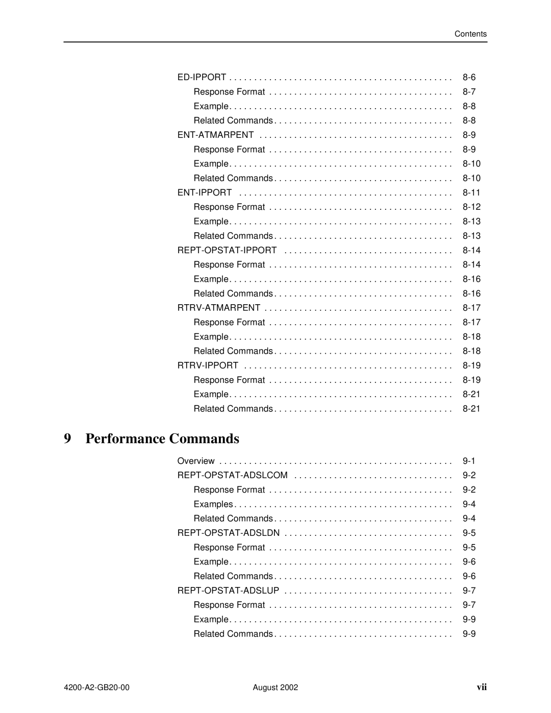 Paradyne 4200 manual Performance Commands, Vii 