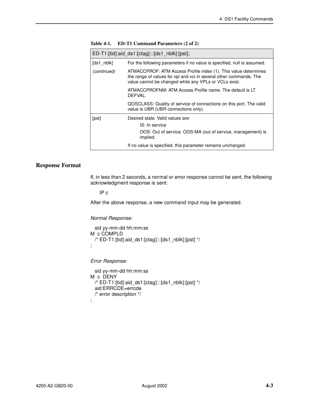 Paradyne 4200 manual ED-T1 Command Parameters 2, Sid yy-mm-dd hhmmss Compld ED-T1tidaidds1ctagds1nblkpst 