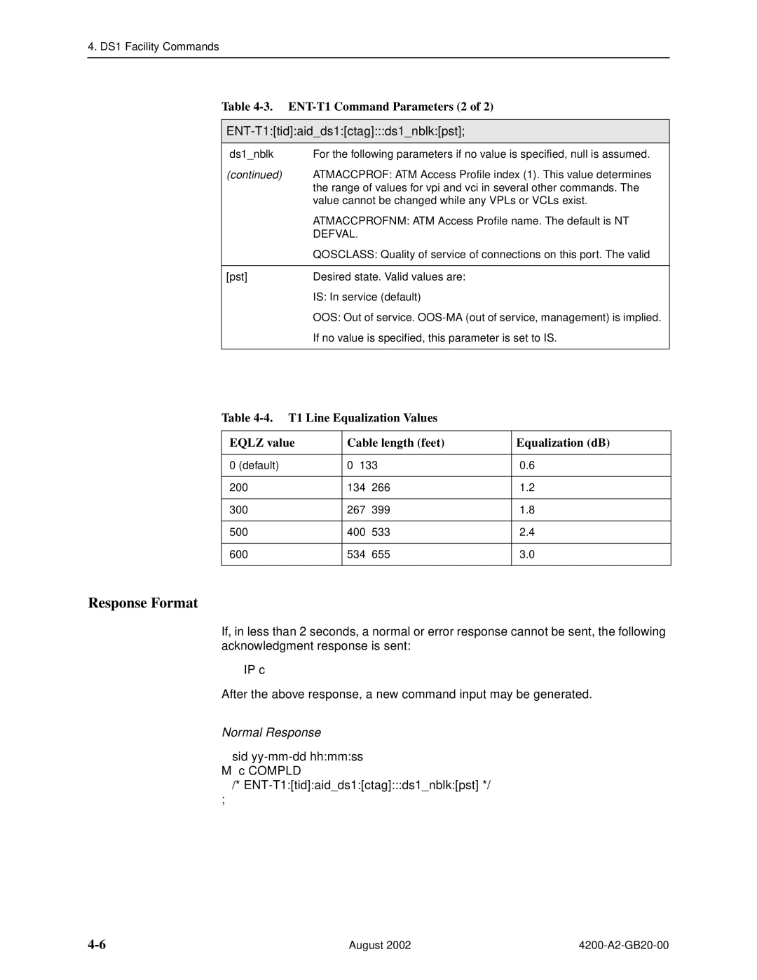 Paradyne 4200 manual ENT-T1 Command Parameters 2, Sid yy-mm-dd hhmmss Compld ENT-T1tidaidds1ctagds1nblkpst 