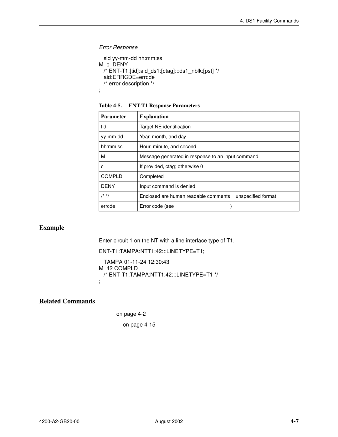 Paradyne 4200 manual Example, ENT-T1 Response Parameters Explanation 