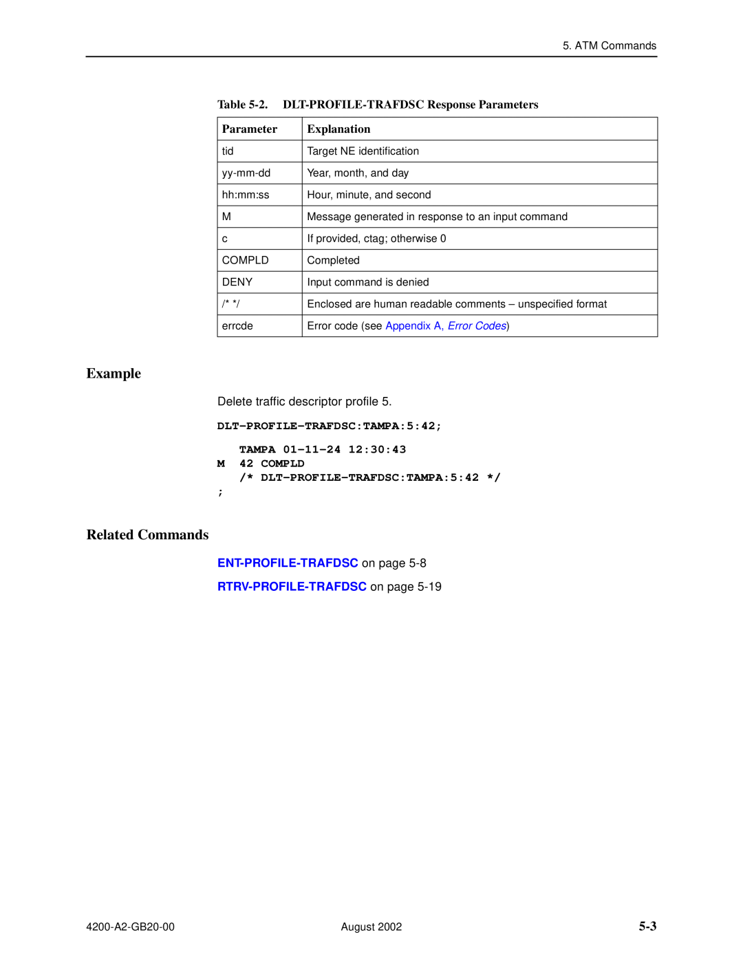 Paradyne 4200 2. DLT-PROFILE-TRAFDSC Response Parameters, DLT-PROFILE-TRAFDSCTAMPA542 TAMPA 01-11-24 M 42 COMPLD, Example 