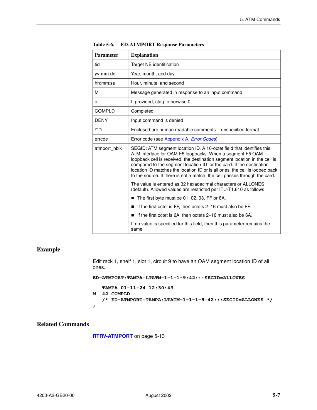 Paradyne 4200 manual 6. ED-ATMPORT Response Parameters, ED-ATMPORTTAMPALTATM-1-1-1-942SEGID=ALLONES TAMPA 01-11-24, Example 