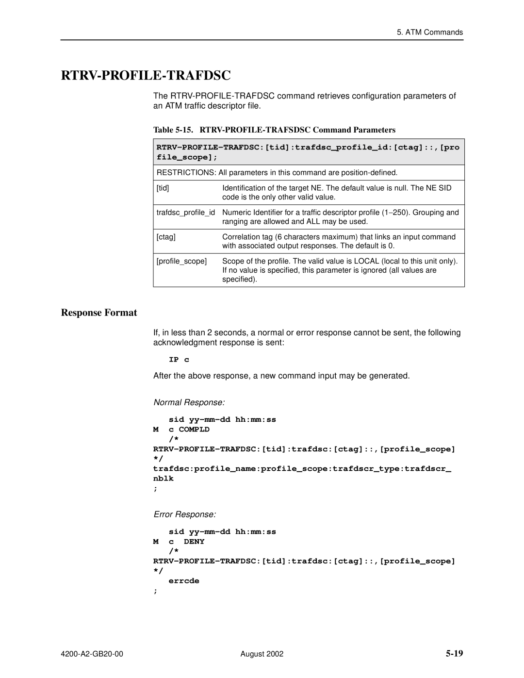 Paradyne 4200 manual Rtrv-Profile-Trafdsc, 5-19, 15. RTRV-PROFILE-TRAFSDSC Command Parameters, Response Format, IP c 