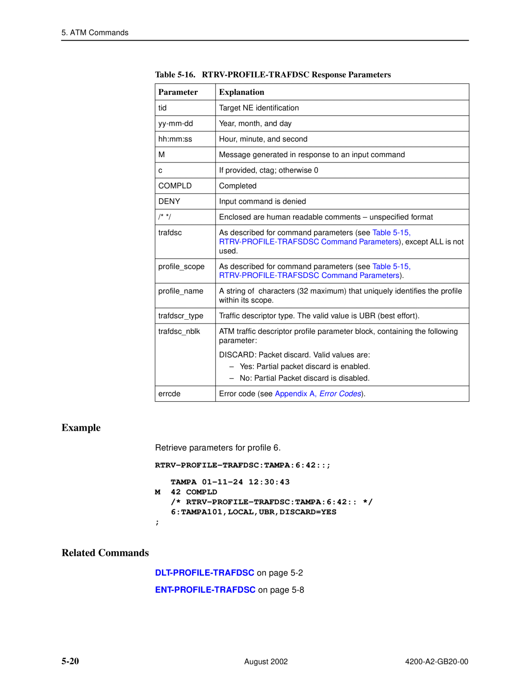 Paradyne 4200 5-20, 16. RTRV-PROFILE-TRAFDSC Response Parameters, DLT-PROFILE-TRAFDSC on page ENT-PROFILE-TRAFDSC on page 