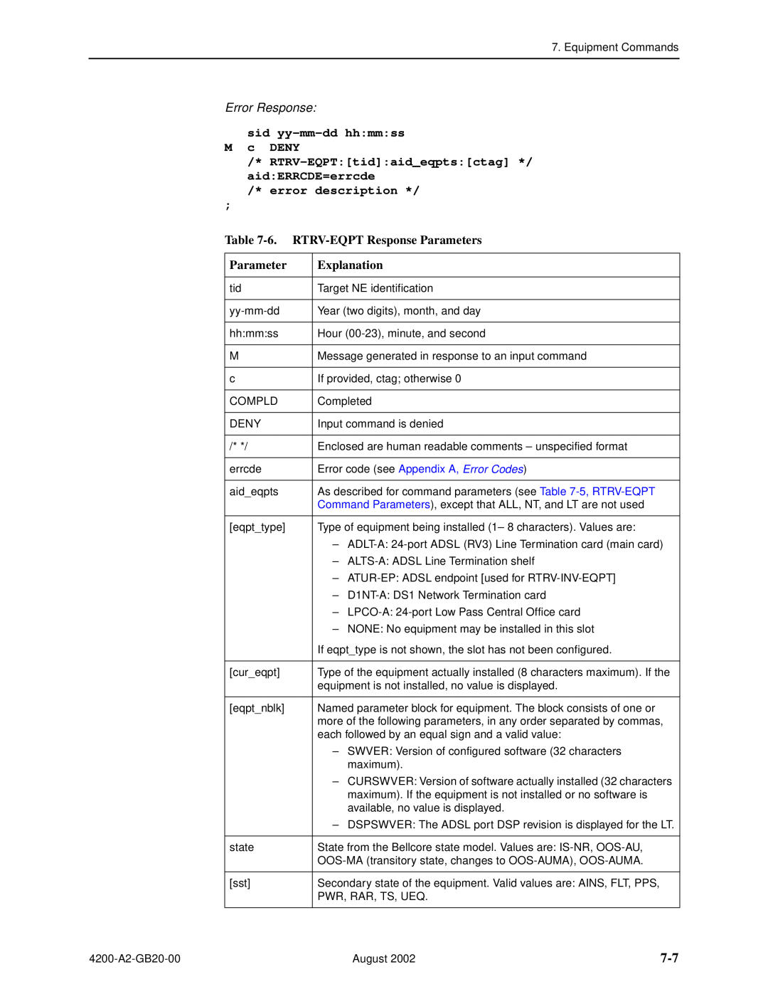 Paradyne 4200 manual RTRV-EQPTtidaideqptsctag */ aidERRCDE=errcde error description, 6. RTRV-EQPT Response Parameters 