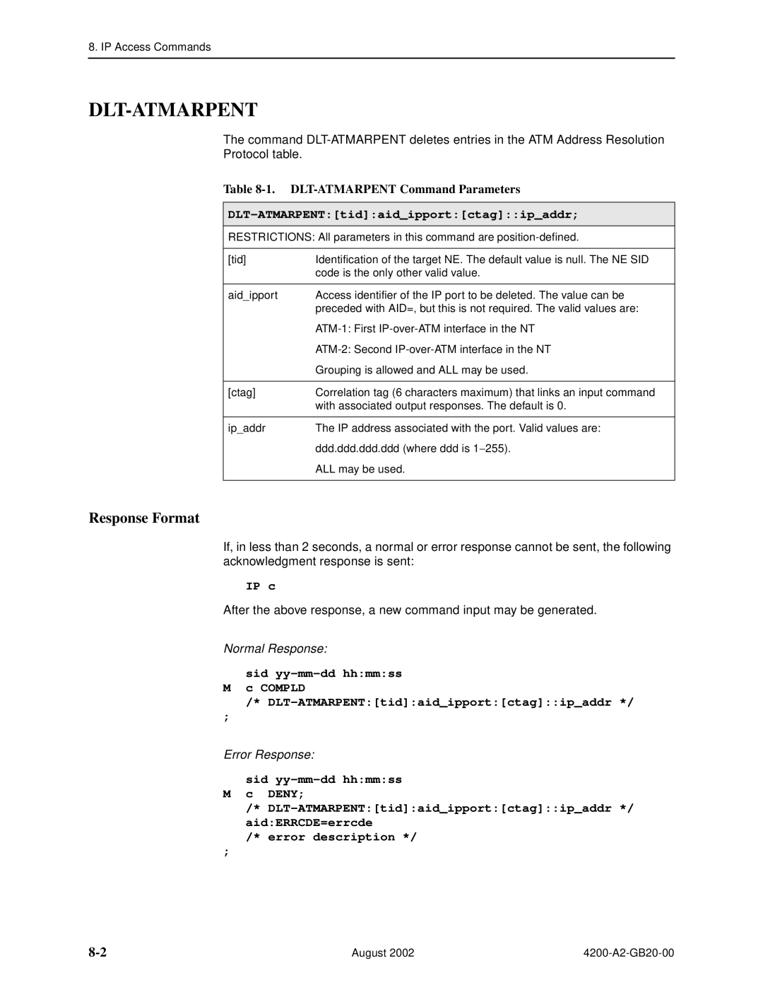 Paradyne 4200 Dlt-Atmarpent, 1. DLT-ATMARPENT Command Parameters, DLT-ATMARPENTtidaidipportctagipaddr, Response Format 