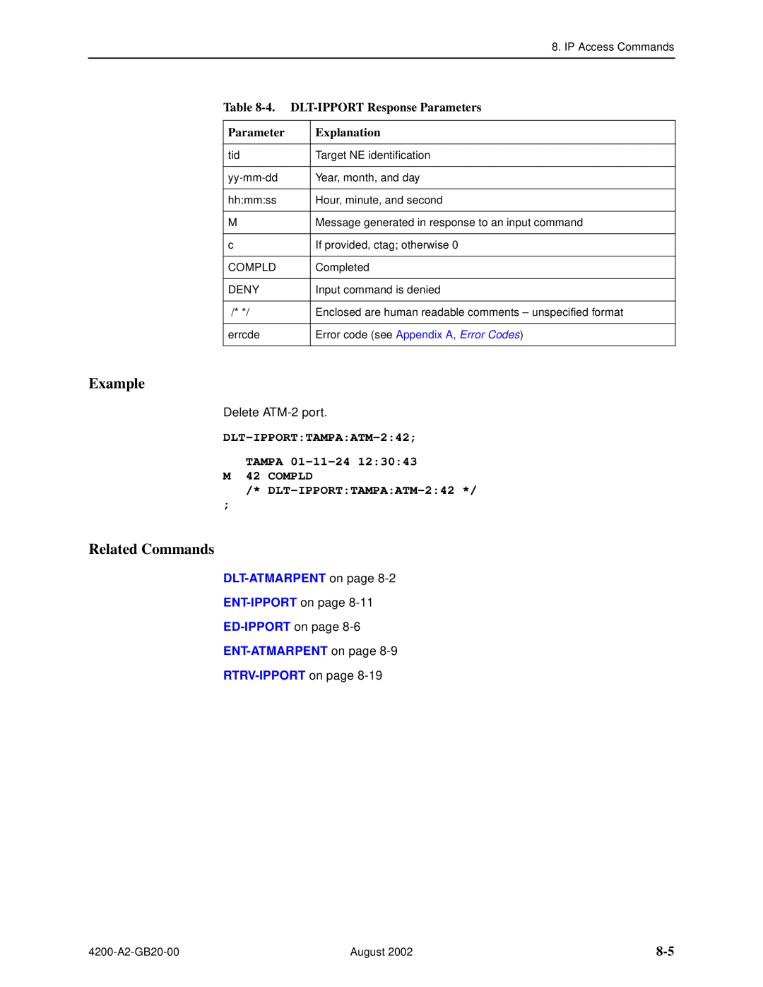 Paradyne 4200 4. DLT-IPPORT Response Parameters, DLT-IPPORTTAMPAATM-242 TAMPA 01-11-24 M 42 COMPLD, DLT-ATMARPENT on page 